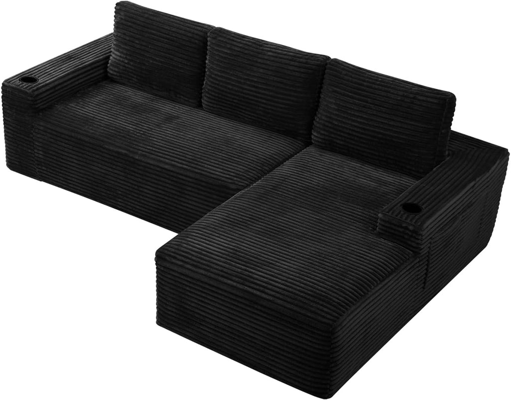 104' L Shaped Boneless Sectional Couches for Living Room, Comfy Corduroy Floor Cloud Sofa with Chaise and Cup Holder, Wide Armrest, Deep Seat, Assembly Free, Ideal for Small Spaces, Black