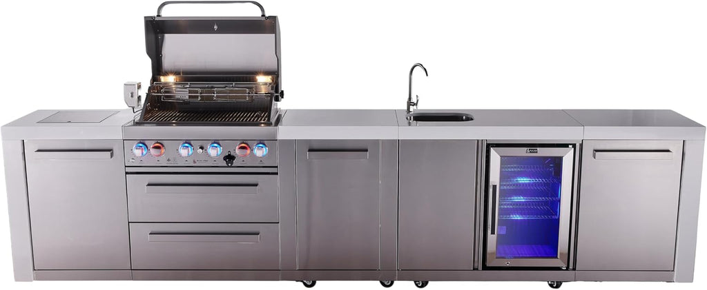 Mont Alpi Premium 145' Deluxe Stainless Steel Outdoor Kitchen Island with Refrigerator + Beverage Center Faucet & Sink + 32'W 4-Burner BBQ Grill + Granite Countertops + Storage + Rotisserie + Cover