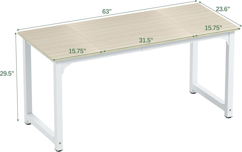 NSdirect Large Office Desk for Home Office, Large 63' Computer Desk Table, Wide Writing Study Desk for 2 Person, Metal Sturdy Frame Thicker Steel Legs, (White Oak, 63'L x 23.6'W x 29.5'H)