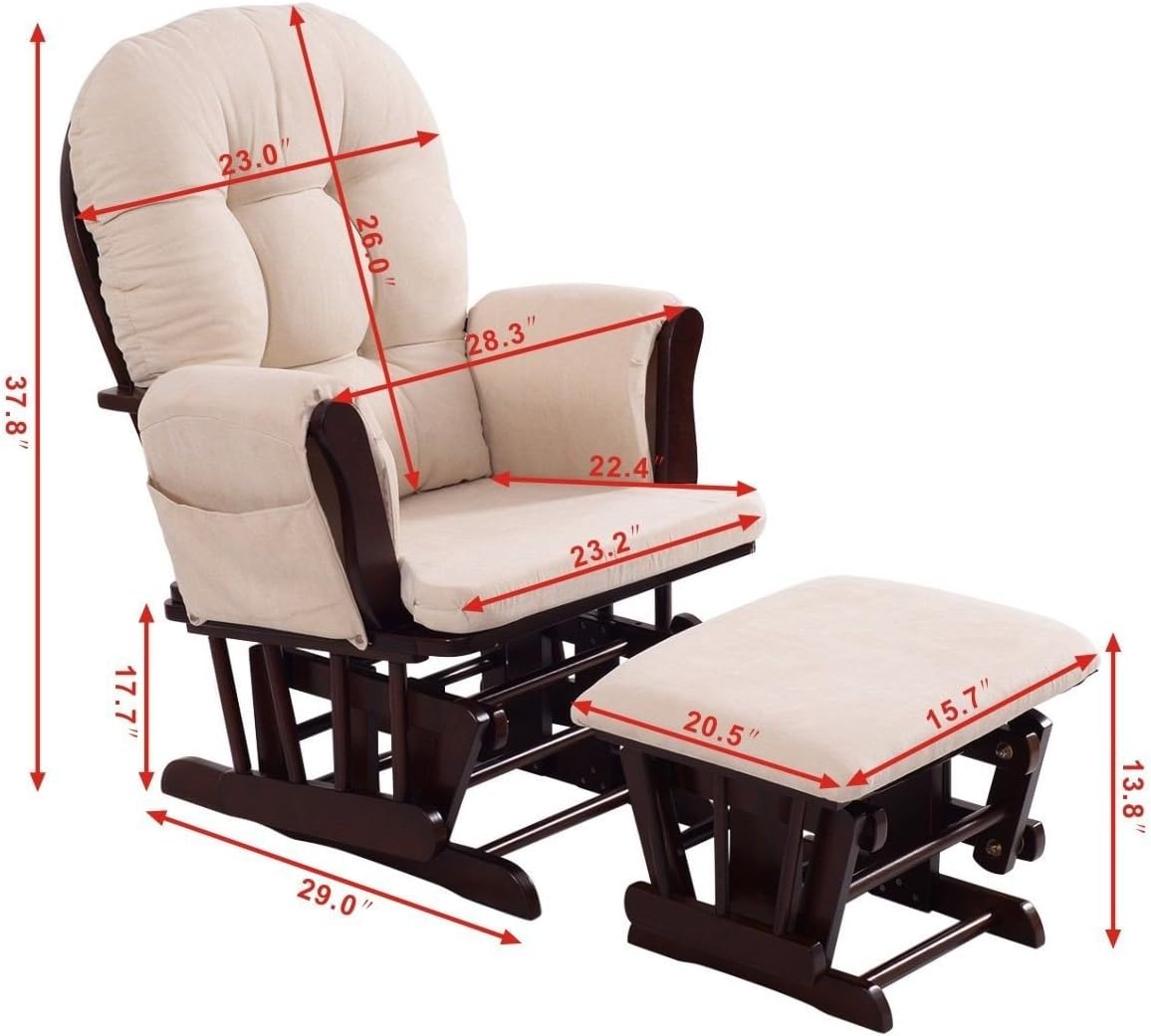 Rocking Chair Wood Heavy Duty Rocking Chair with Ottoman Cushion Set Baby Nursery Rocking Chair Glider with Adjustable Backrest for Living Room (Beige)