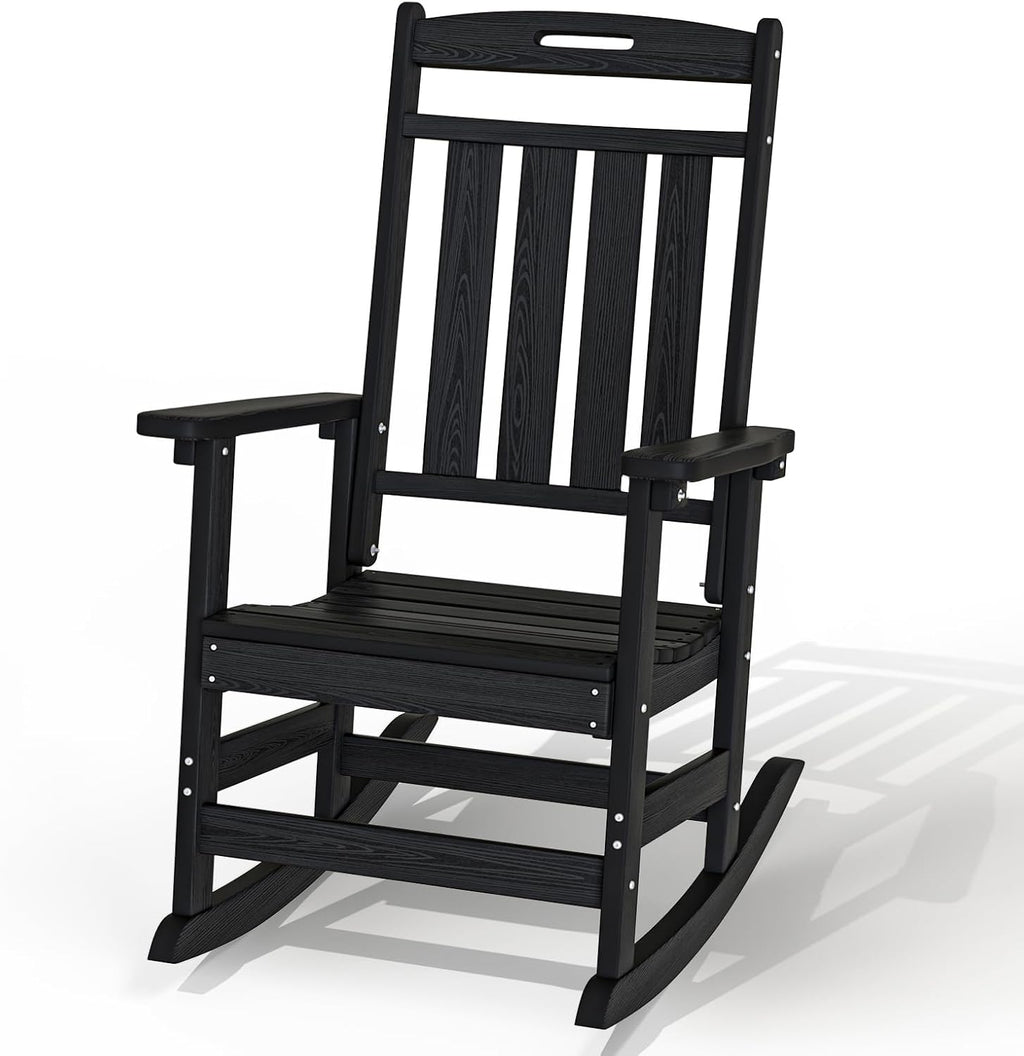 Plawdlik Oversized Rocking Chair,HDPE All-Weather Outdoor Rocking Chair,Patio Rocking Chairs for Porch.Black