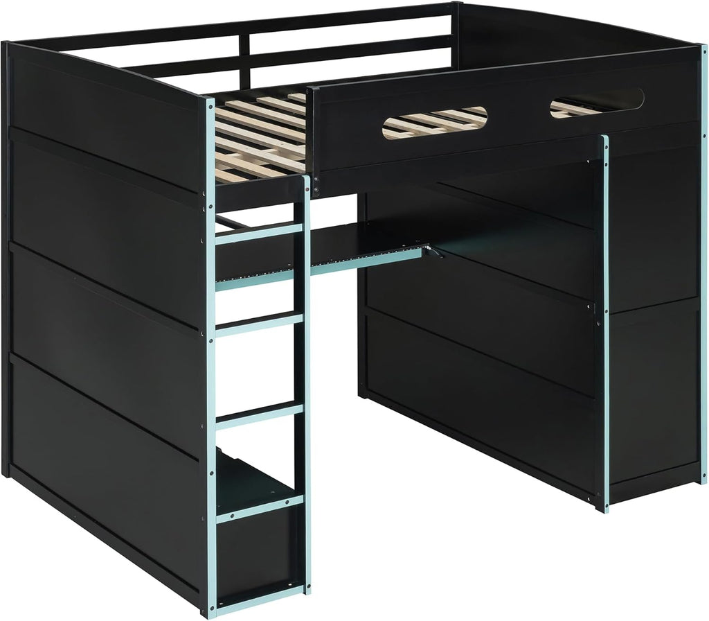 DNYN Full Size Loft Bed with Desk & Drawers & Storage Shelves & Led & Wardrobe Design for Bedroom,Gaming Style Wooden Bedframe w/Safety Guardrails & Blue Ladder,No Box Spring Needed, Black