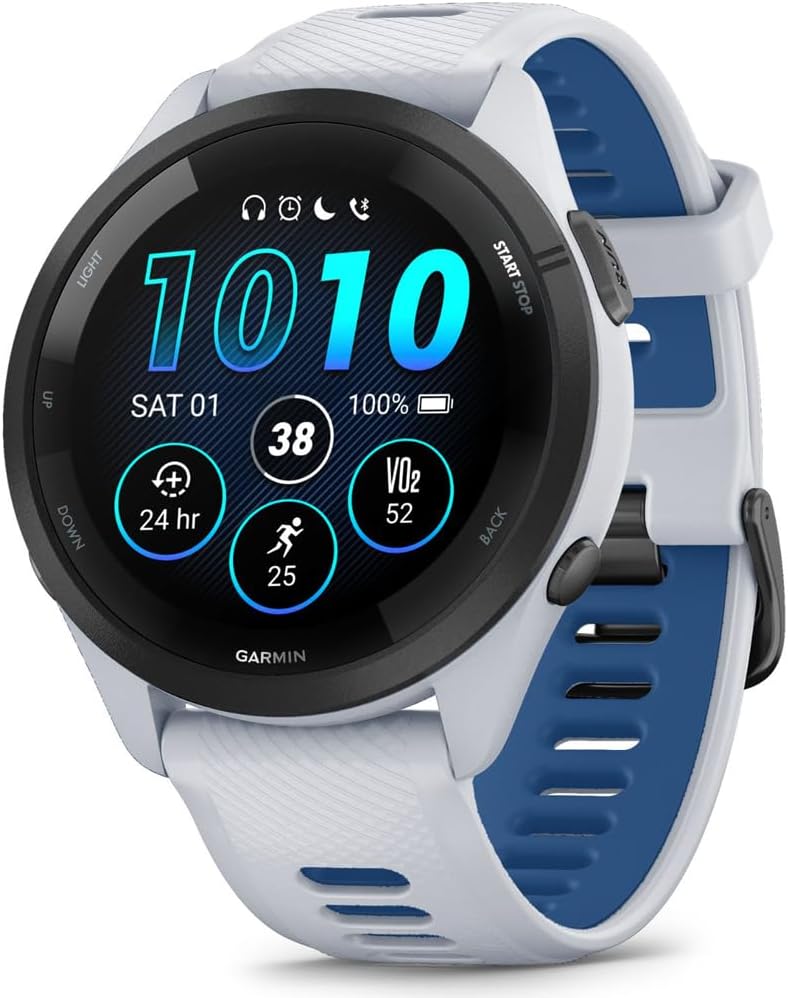 Garmin 010-02810-01 Forerunner 265 GPS Smartwatch, Whitestone/Tidal Blue | Official USA Partner Model | Bundle with Sport Towel + Deco Essentials Wearable Commuter Front & Rear Safety Light