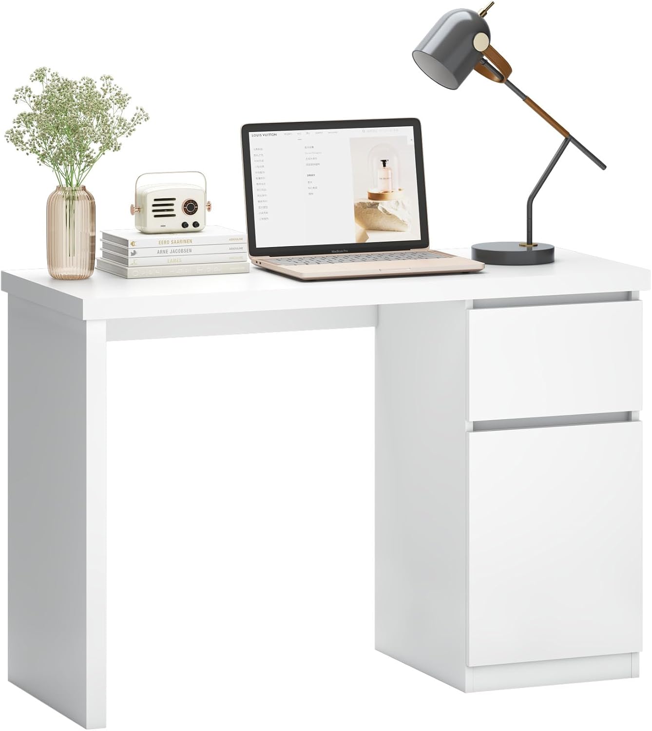 furtble White Desk with Drawers, 43 Inch Small Cute Desk for Bedroom, Home Office PC Desks Workstation Study Table Desks with Storage, White