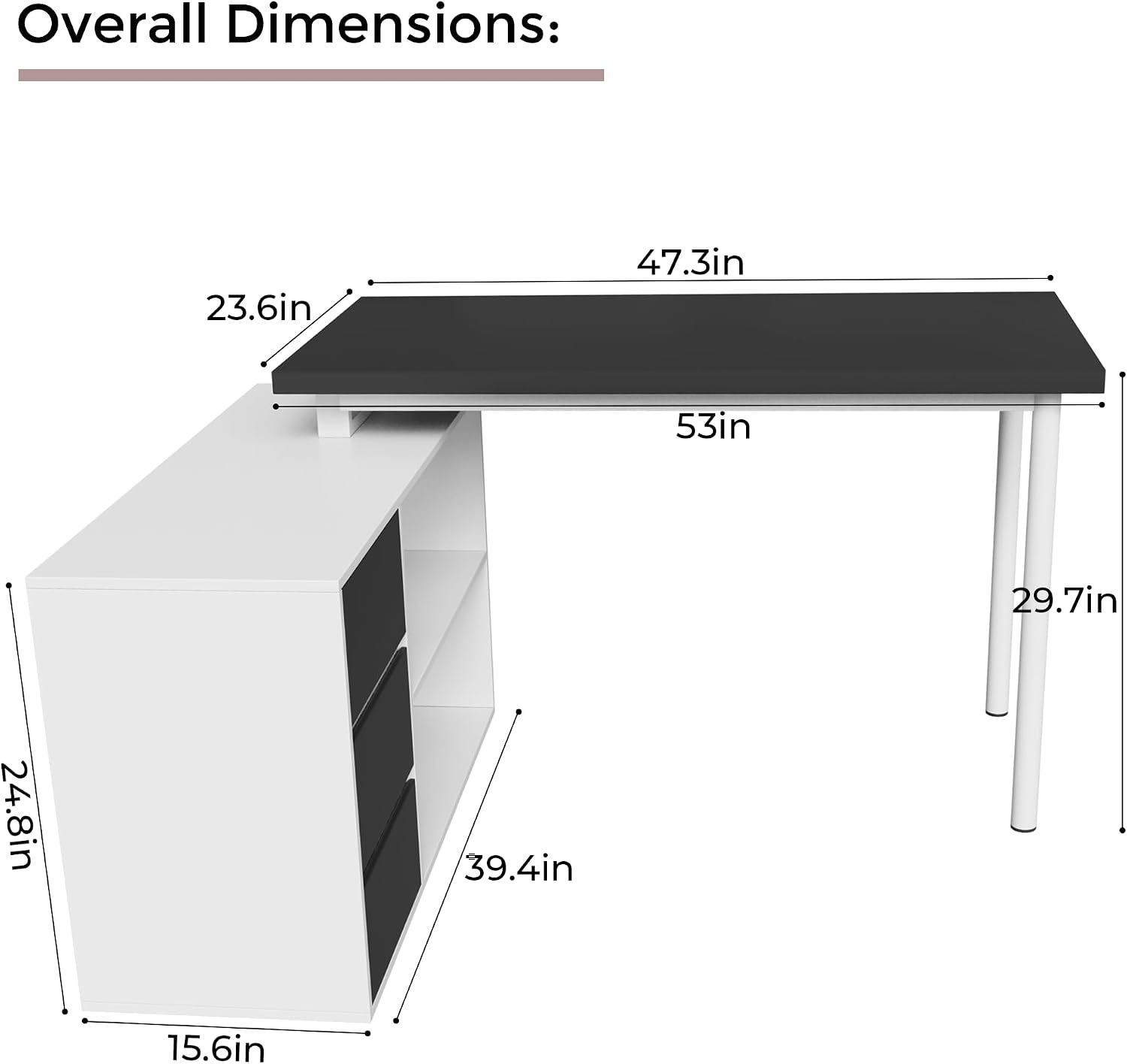 Home Office Computer Desk Corner Desk with 3 Black Drawers and 2 Shelves, 53-inch L-Shaped Study Desk with Storage, White + Black
