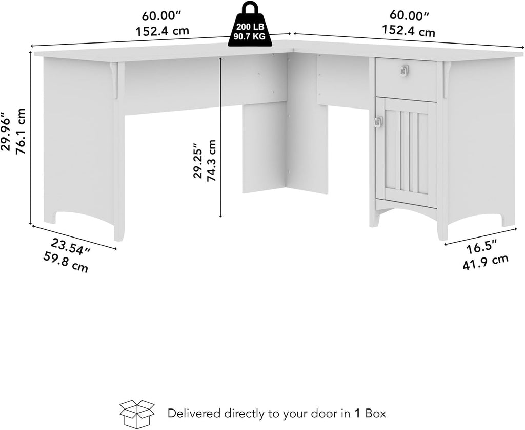 Bush Home L Shaped Desk with Storage for Home Office, Modern Farmhouse Corner Table with Drawers and Cabinets, Salinas Collection, Pure White and Shiplap Gray