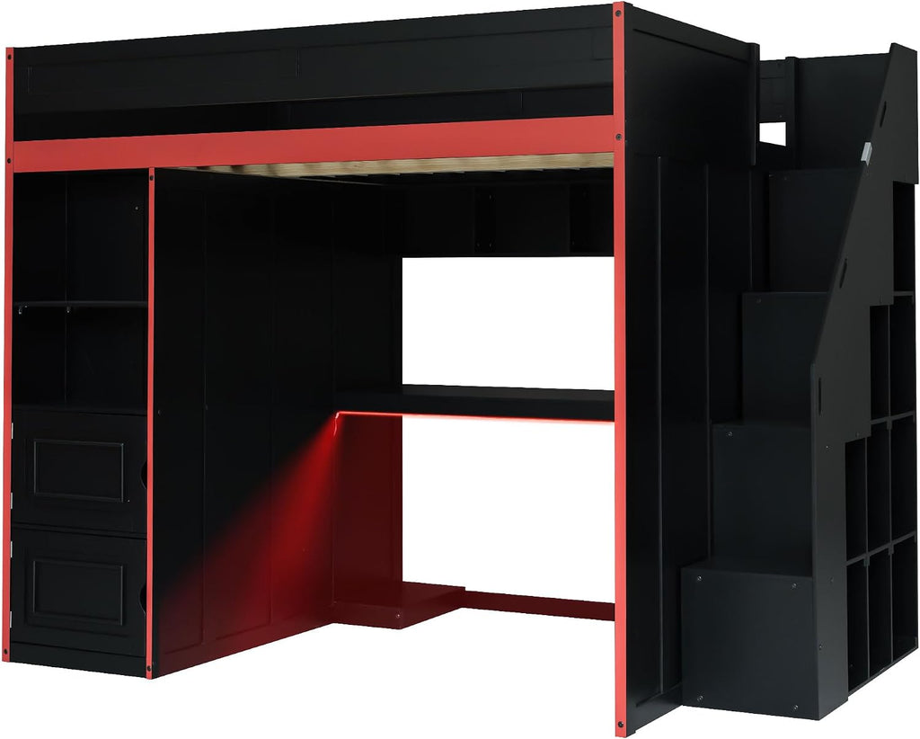 SOFTSEA Full Size Gaming Loft Bed with Desk & Storage Stairs, Solid Wood Loft Bed with LED Lights, Wardrobe and Shelves, Space-Saving Gaming Bed for Kids Teens Adults, Black + Red