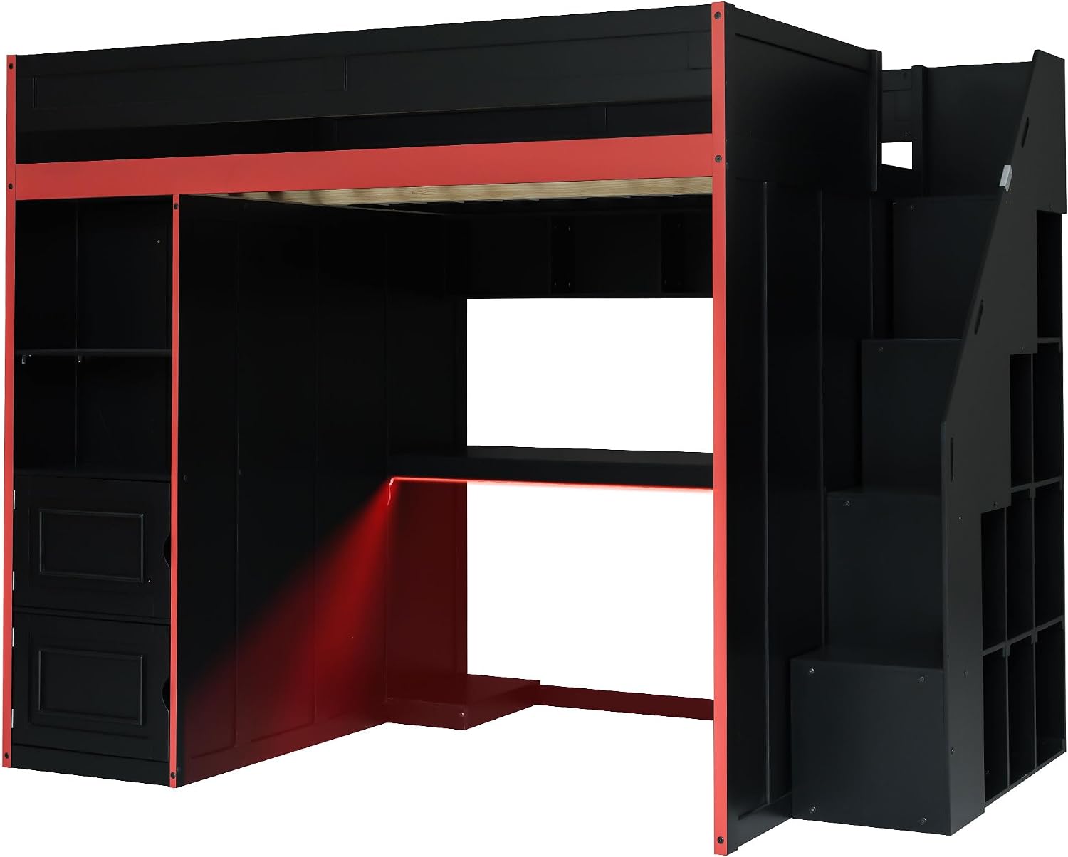 SOFTSEA Full Size Gaming Loft Bed with Desk & Storage Stairs, Solid Wood Loft Bed with LED Lights, Wardrobe and Shelves, Space-Saving Gaming Bed for Kids Teens Adults, Black + Red
