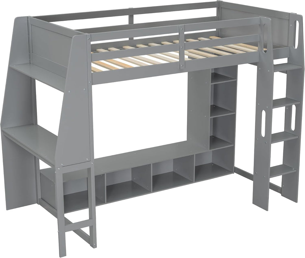 VilroCaz Modern Twin Size Gaming Loft Bed with Desk and Multi-Storage Shelves, Wood Loft Bed Frame with Workstation and a Hanging Clothes Rack, Maximize Space Saving (Twin)