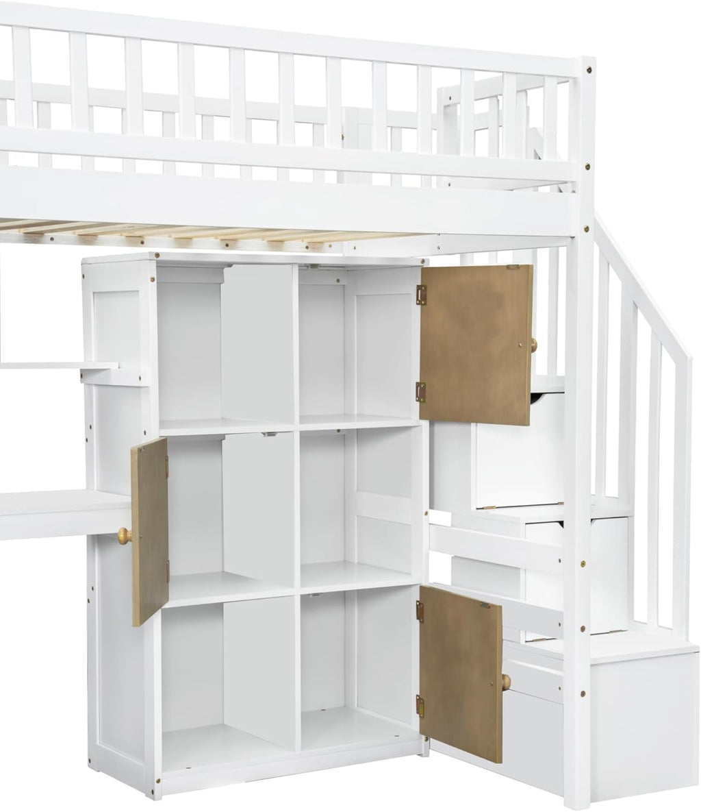 MERITLINE Twin Loft Bed with L-Shaped Desk and Storage Stairs &LED Lights, Solid Wood High Loft Bed with Stairs and Storage Shelves &Cabinets for Teens Adults,Bedroom, Dormitory (White)