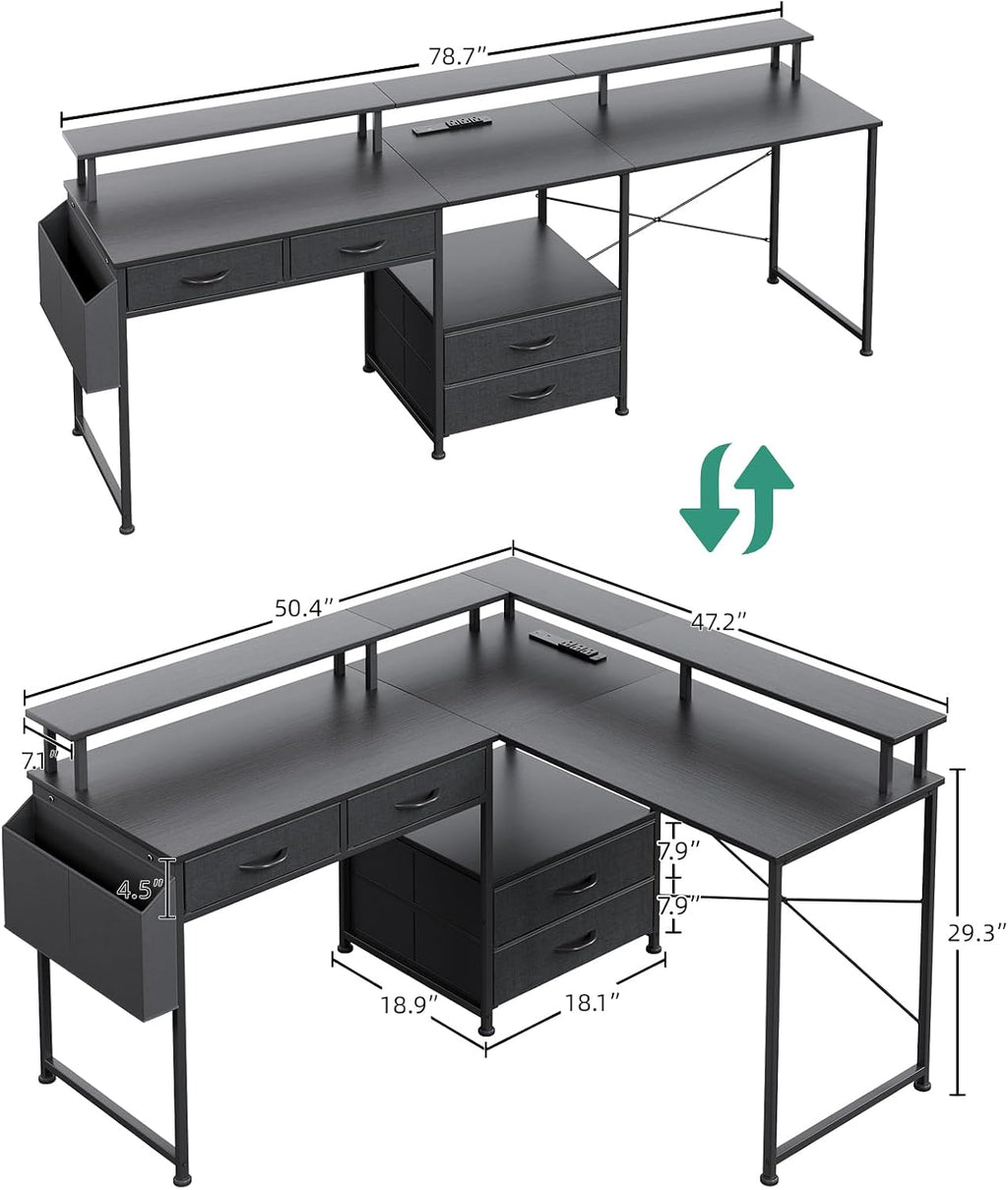 L Shaped Desk with 4 Fabric Drawers, 78.7' Home Office Desk with Printer Storage Shelf & Power Outlet, Two Person Desk with Monitor Shelf, Corner Computer Desk, Gaming Desk with Led Lights, Black