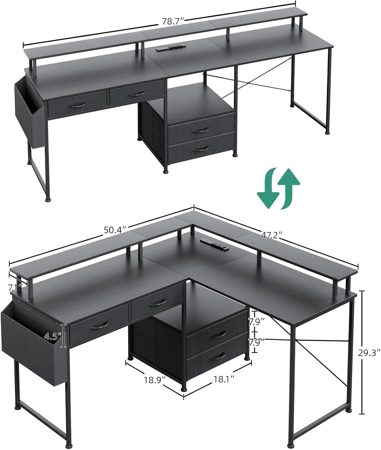 L Shaped Desk with 4 Fabric Drawers, 78.7' Home Office Desk with Printer Storage Shelf & Power Outlet, Two Person Desk with Monitor Shelf, Corner Computer Desk, Gaming Desk with Led Lights, Black