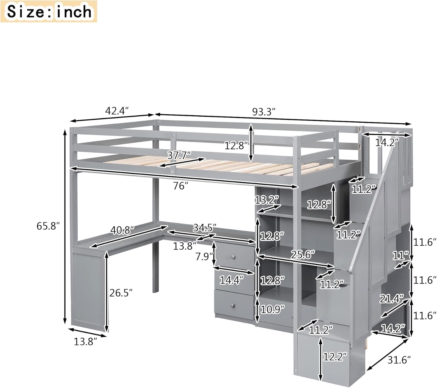 MERITLINE Twin Size Loft Bed with L-Shaped Desk,Storage Staircase,and Guardrails,Wood High Loft Bed with Storage Bookcase and 4 Drawers,for Adults, No Box Spring Needed (Grey)
