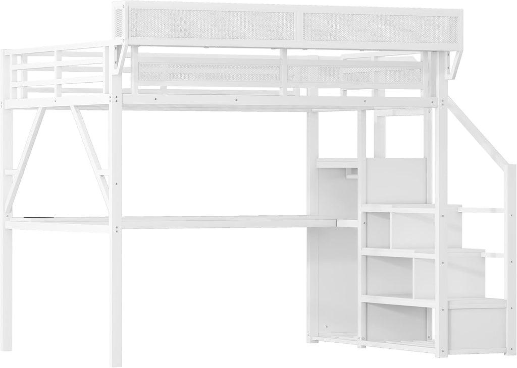 Queen Size Loft Bed with Stairs and Desk, Metal Gaming Loft Bed Frame with Bedside Shelf and Light, Heavy-Duty Adults Lofts Beds with Storage Wardrobe & Charging Station, White