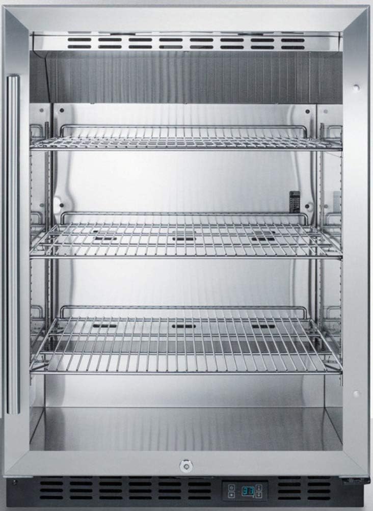 Summit 24' Undercounter Beverage Refrigerator with Reversible Glass Door | Commercial Display Fridge for Wine Beer Soda | 5.0 Cu Ft, (3) Shelves, 23.63'W x 23.5'D x 34'H, Stainless Steel, Black, NSF