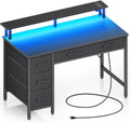 Seventable Computer Desk with Power Outlets & LED Light, 39 inch Home Office Desk with 5 Drawers, Writing Desk with Monitor Stand,Work Desk for Home Office, Black