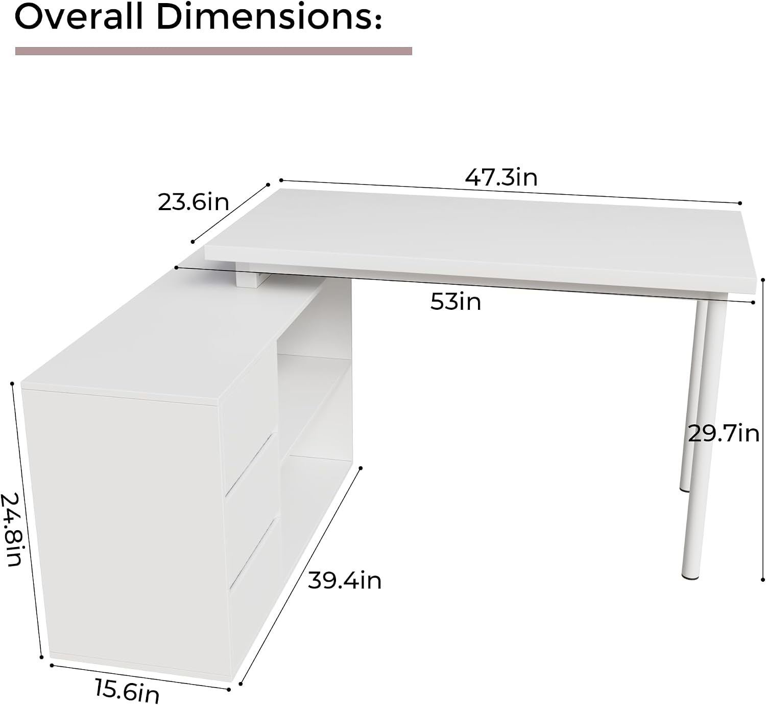 Home Office Computer Desk Corner Desk with 3 Drawers and 2 Shelves, 53-inch L-Shaped Study Desk with Storage, White