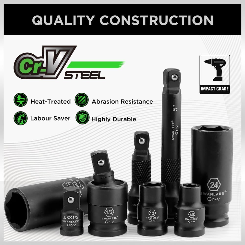 SWANLAKE 1/2' Drive Impact Socket Set, 66-Piece Standard SAE (3/8'-1-1/4') and Metric (8-24mm) Size, 6 Point, Cr-V, 1/2-Inch Drive Ratchet Handle, Extension Bar, Impact Universal Joint