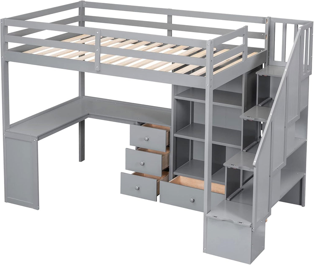 MERITLINE Twin Size Loft Bed with L-Shaped Desk,Storage Staircase,and Guardrails,Wood High Loft Bed with Storage Bookcase and 4 Drawers,for Adults, No Box Spring Needed (Grey)