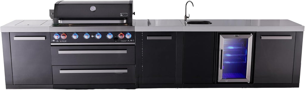 Mont Alpi Premium 157' Black Stainless Steel Outdoor Kitchen Island with Refrigerator + Beverage Center Faucet & Sink + 44'W 6-Burner BBQ Gas Grill + Granite Countertops + Storage Cabinets & Drawers