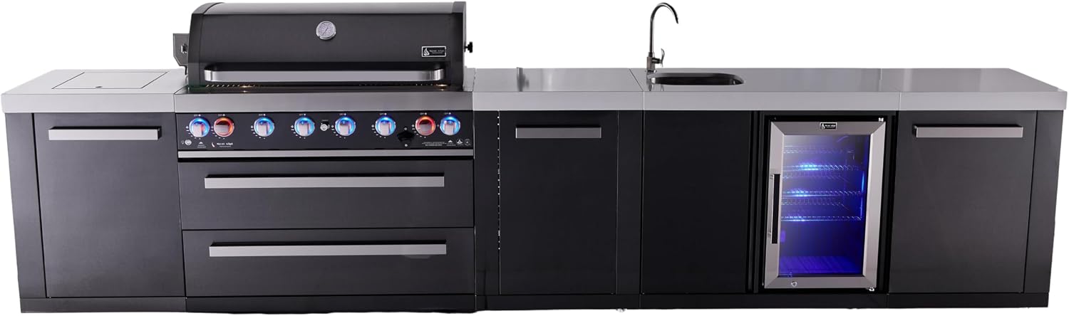 Mont Alpi Premium 157' Black Stainless Steel Outdoor Kitchen Island with Refrigerator + Beverage Center Faucet & Sink + 44'W 6-Burner BBQ Gas Grill + Granite Countertops + Storage Cabinets & Drawers