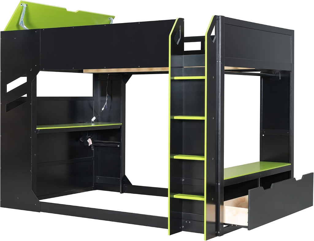 Merax Wood Loft Bed with Height-Adjustable Desk,Drawers,Storage Compartments,Hanging Rod and RGB Lights, Full Size, Green