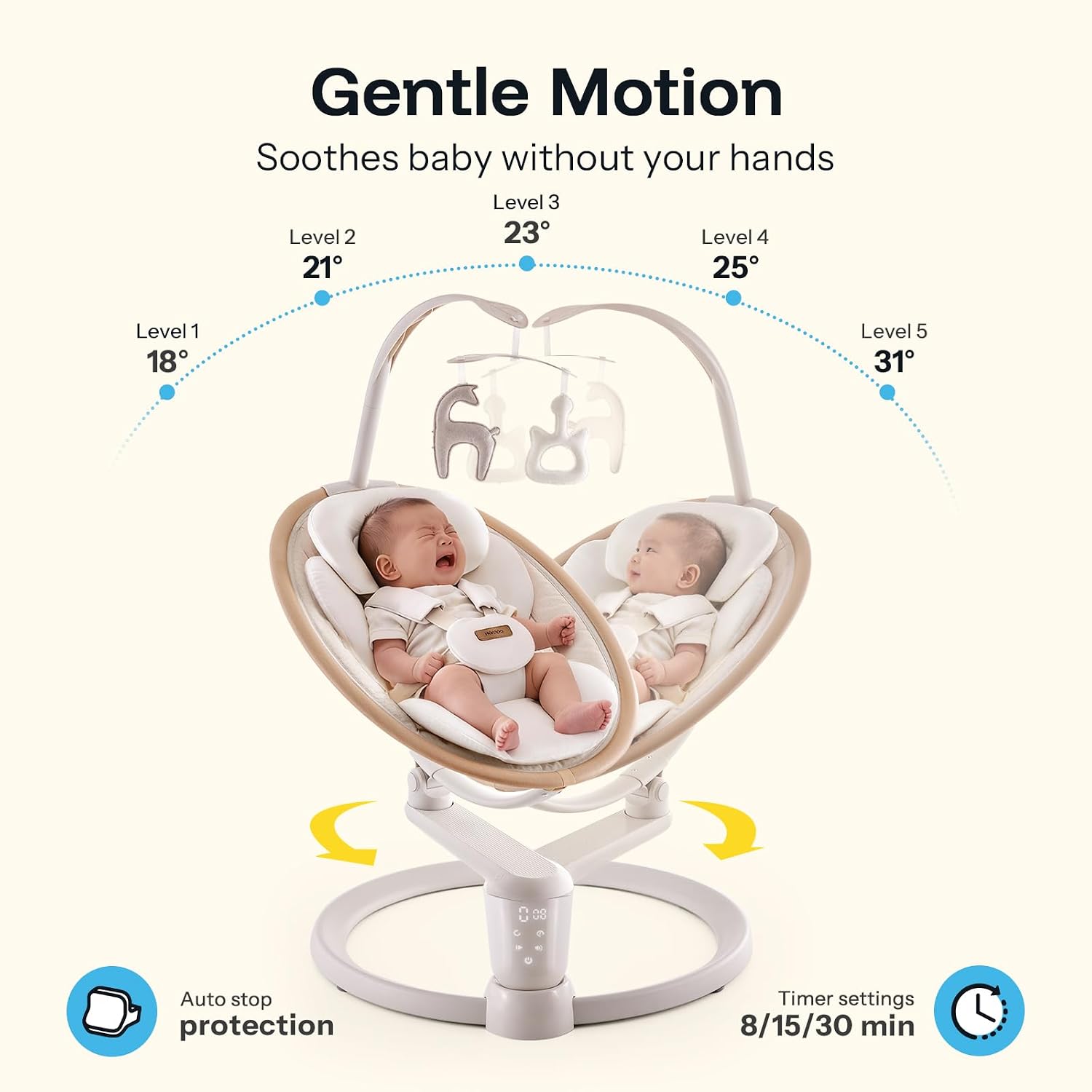HARPPA Weddell Signature Electric Baby Swings for Infants and Newborns, Eye-Level Baby Swing 5 Speeds and Remote Control 10 Built-in Melodies, 2 Seat Positions & 180° Rotation for Indoor Use,Warm Sand