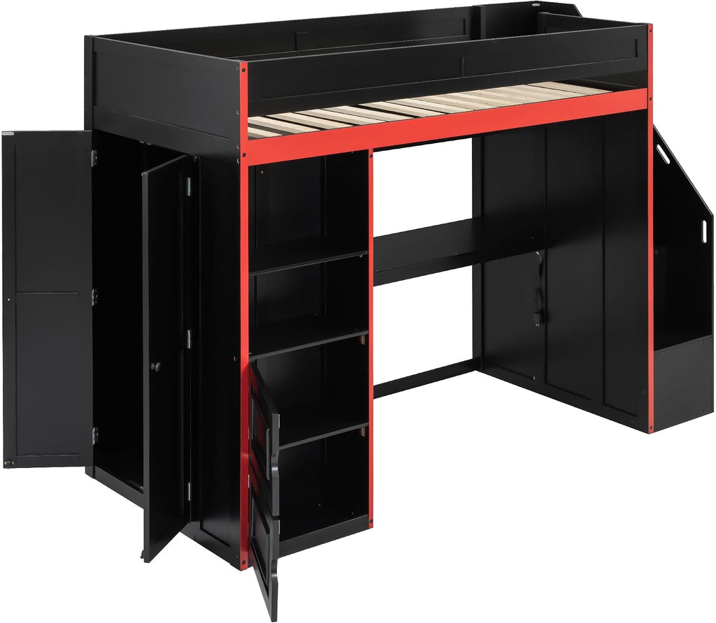 SOFTSEA Twin Size Gaming Loft Bed with Desk & Storage Stairs, Solid Wood Loft Bed with LED Lights, Wardrobe and Shelves, Space-Saving Gaming Bed for Kids Teens Adults, Black + Red