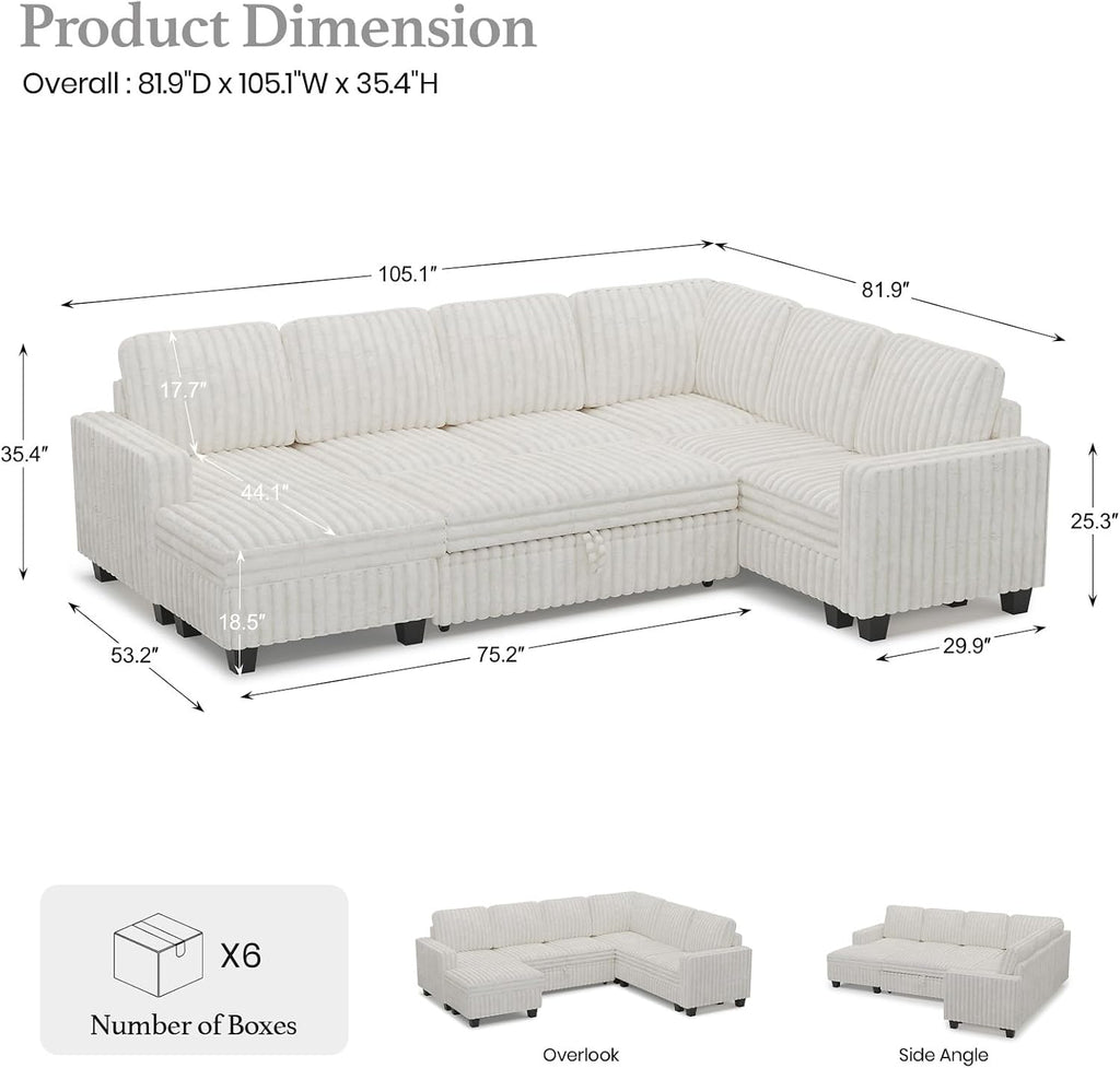 Belffin Corduroy Sleeper Sofa Bed with Storage Chaise Modular Sectional Sofa Couch with Pull Out Bed L Shaped Sectional Couches for Living Room Beige Couch