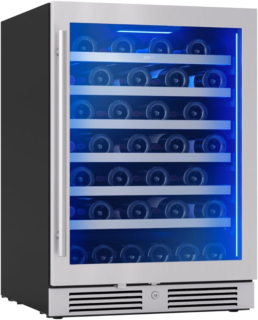 Zephyr Presrv 24' Wine Fridge Single Zone Under Counter - Countertop Wine Cooler Cellars Cabinet Wine Beverage Refrigerator Home Bar Chiller Freestanding with Glass Door, 53 Bottles 750ml