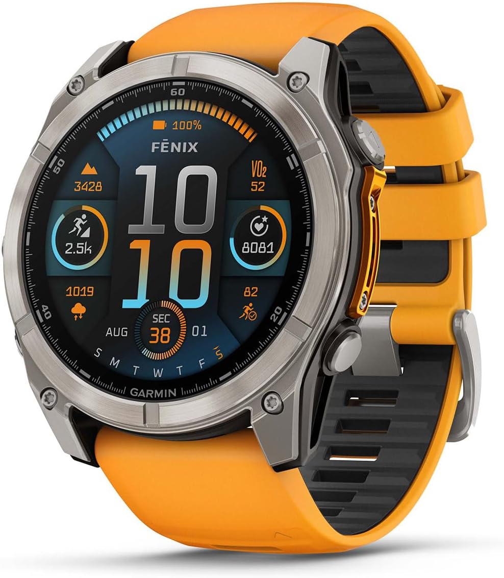PlayBetter Garmin Fenix 8 AMOLED Sapphire (51mm, Titanium/Spark Orange) Multisport GPS Smartwatch Bundle - 1.4' Touchscreen, Built-in LED Flashlight Wireless Running Earbuds