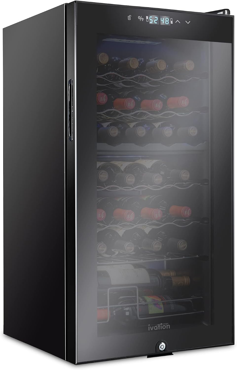 Ivation 28 Bottle Dual Zone Compressor Wine Cooler Refrigerator w/Lock | Large Freestanding Wine Cellar For Red, White, Champagne Wine | 41f-64f Digital Temperature Control Fridge Glass Door Black