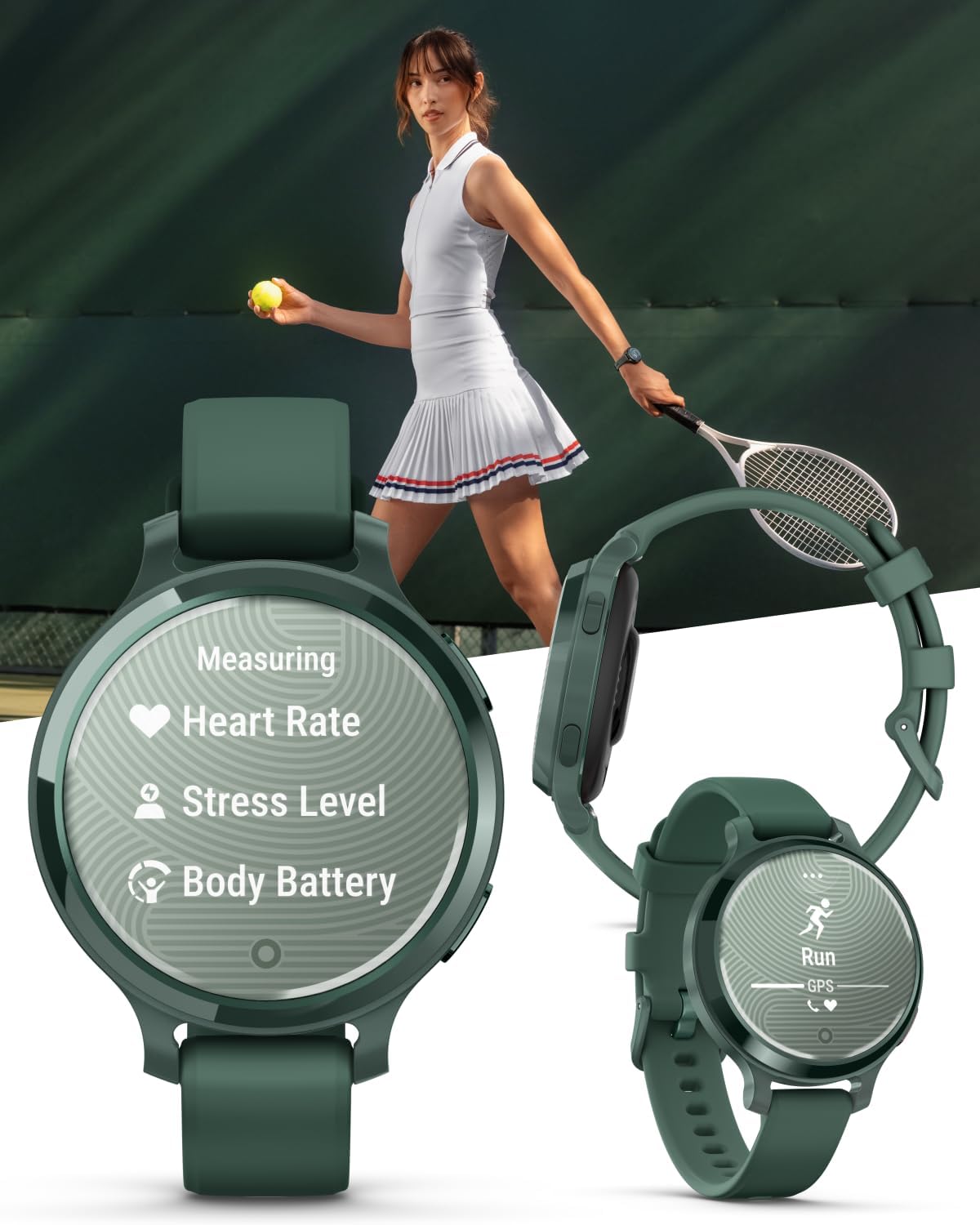 Garmin Lily 2 Active, Jasper Green with Jasper Green Silicone Band, Smartwatch, Built-in GPS, Hidden Display, Patterned Lens, Up to 9 Days Battery Life w White Earbuds Bundle