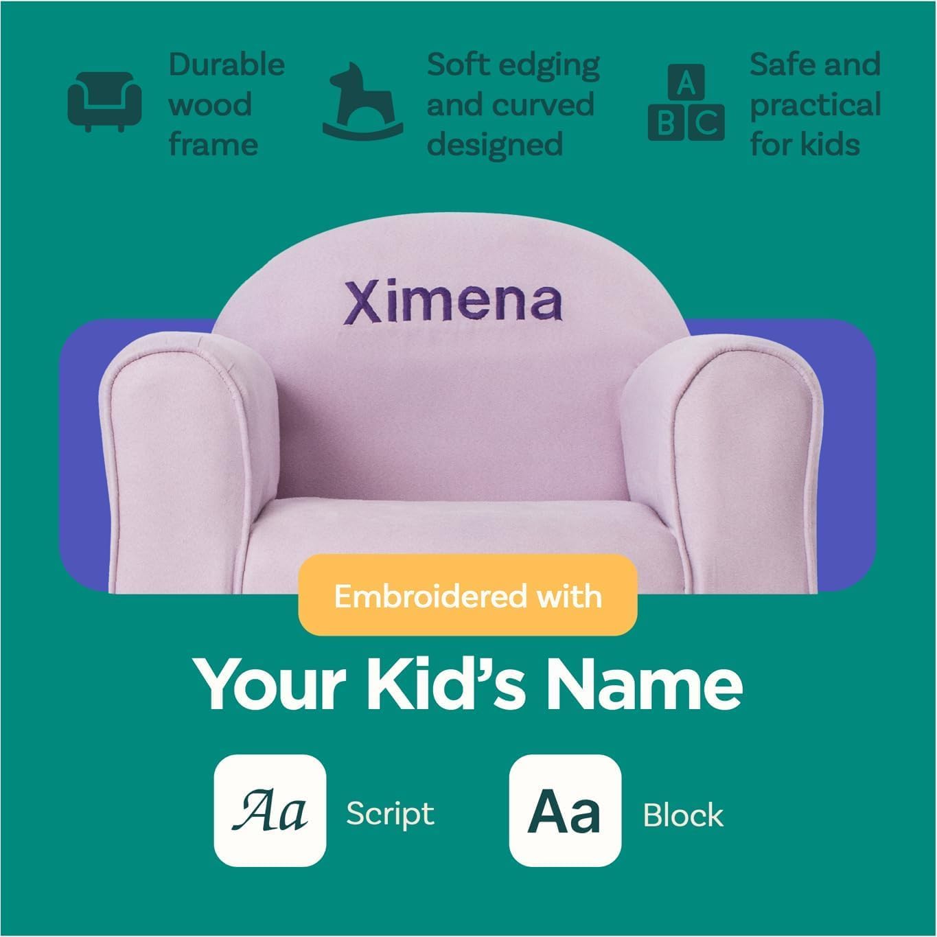Keet Personalized Toddler Chair, Customize with Name, Soft Microsuede Upholstery, Embroidered Kids Armchair, Sturdy Wooden Frame, Easy to Clean, Ages 2–5, Gift-Ready Toddler Chair for Playrooms.