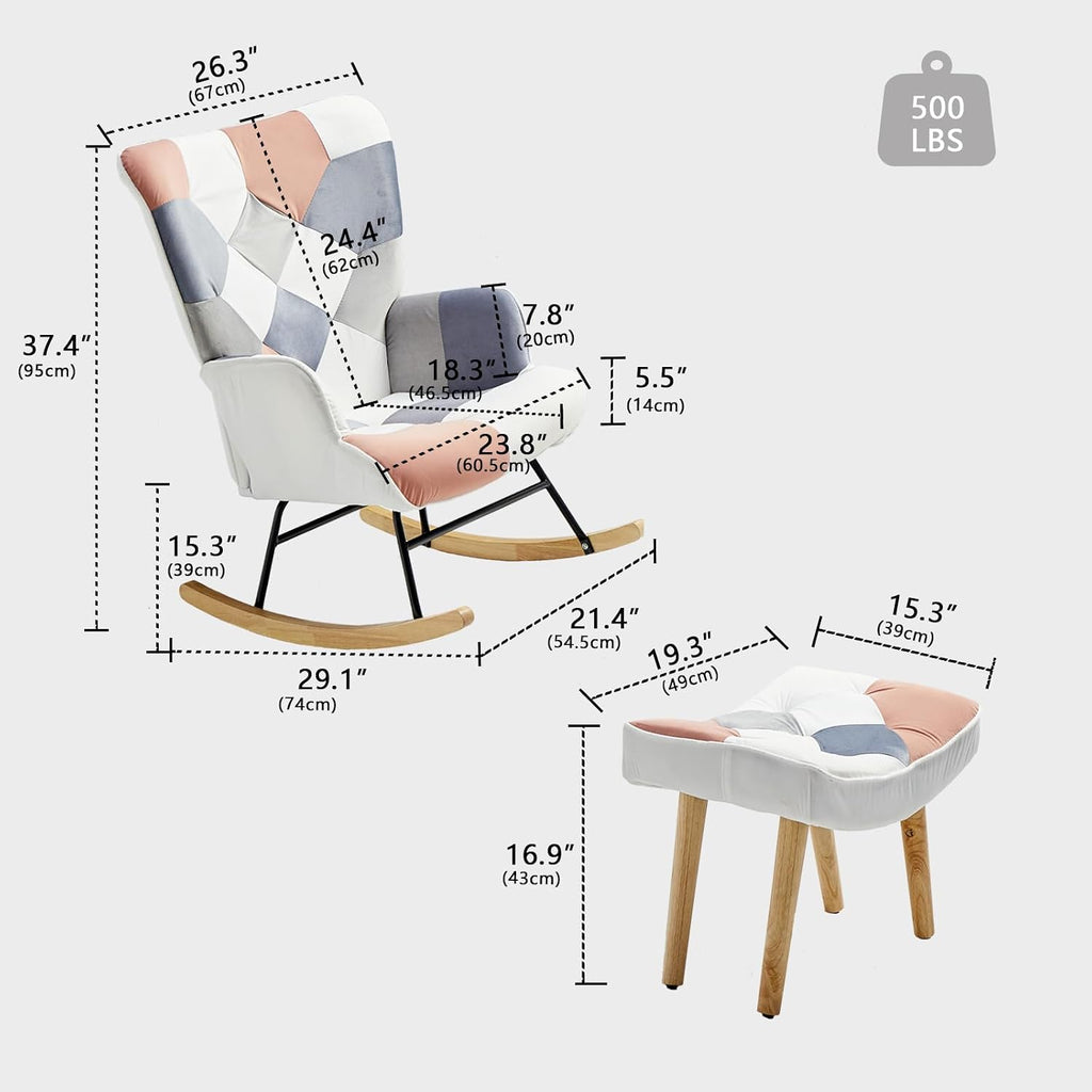 Nursery Rocking Chair, Baby Toddler Glider Rocker with Ottoman, Comfy Accent Chair, for Bedroom Living Room Small Spaces, Patchwork Velvet, Pink