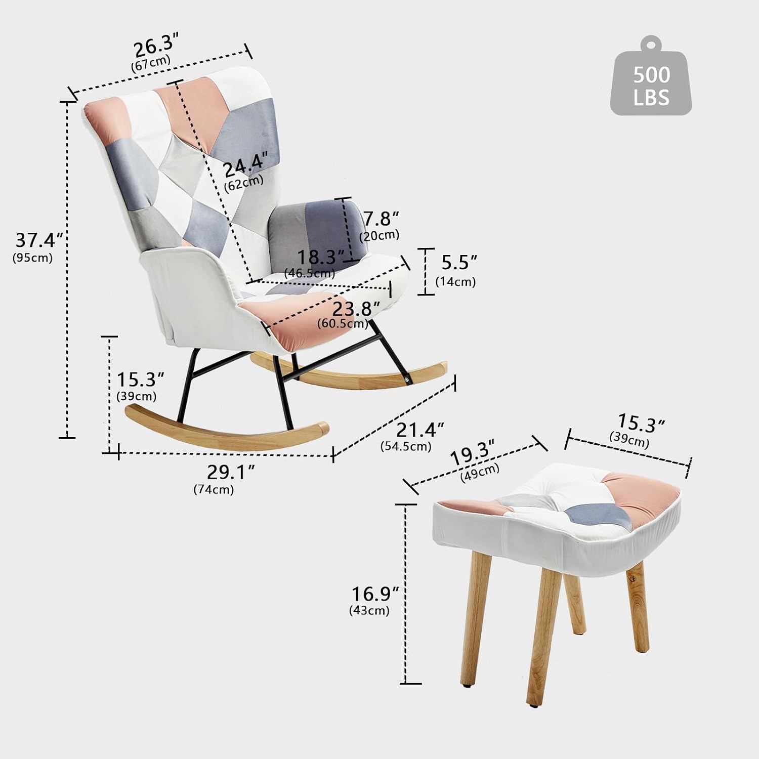 Nursery Rocking Chair, Baby Toddler Glider Rocker with Ottoman, Comfy Accent Chair, for Bedroom Living Room Small Spaces, Patchwork Velvet, Pink