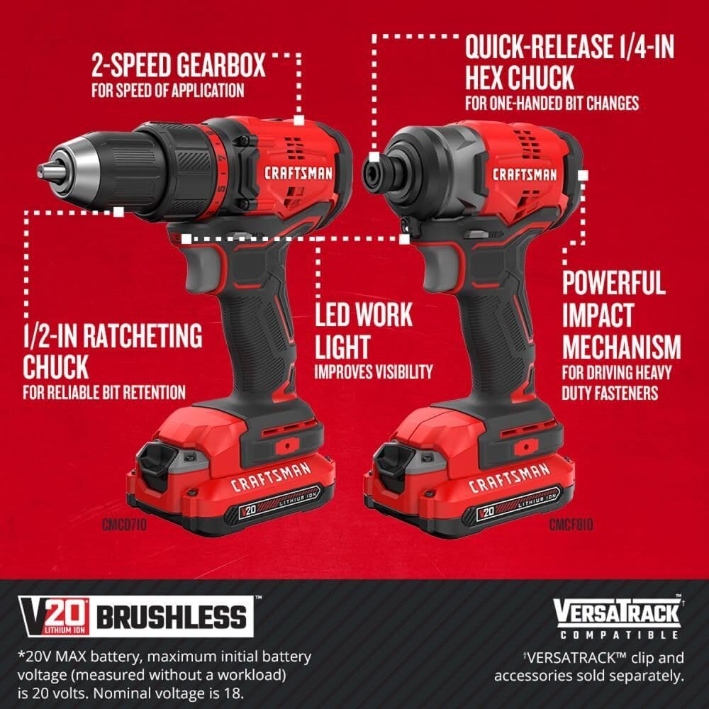 CRAFTSMAN V20* Cordless Brushless Compact 2 Tool Combo Kit (2 Batteries) (CMCK210C2)