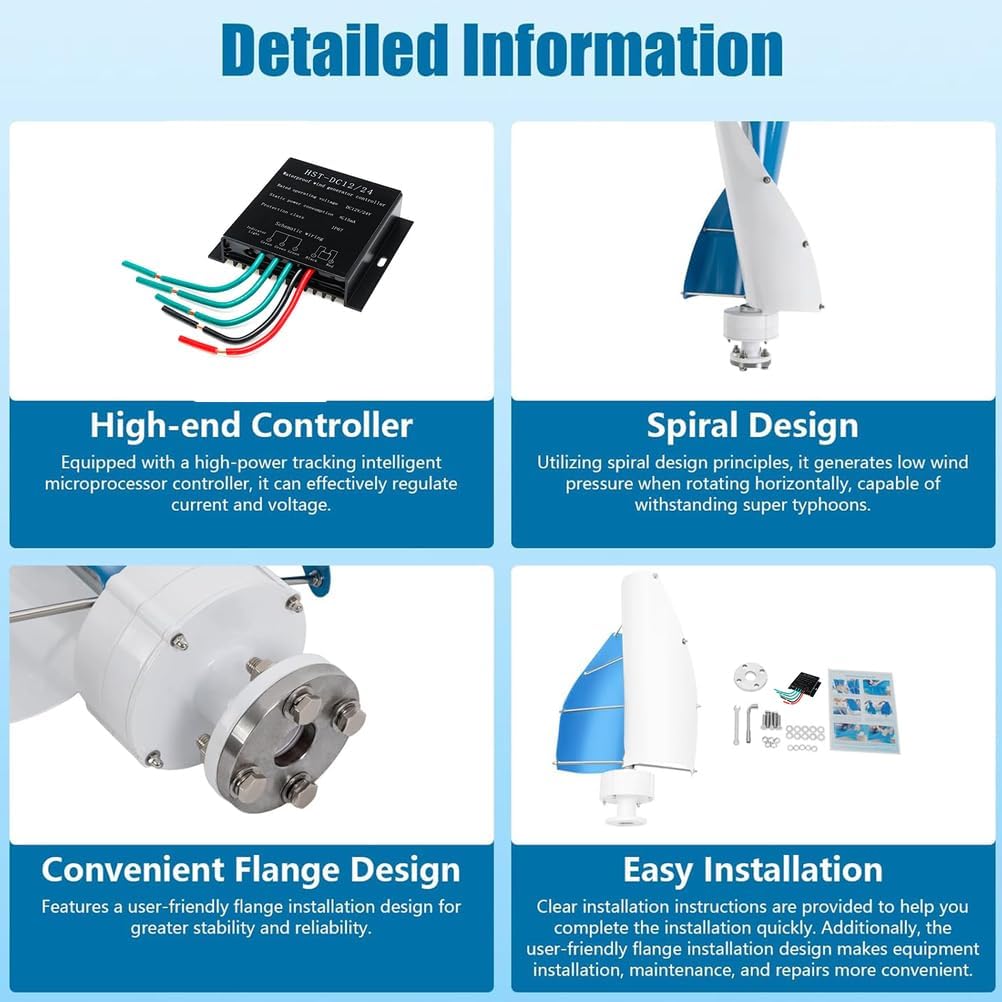 Wind Turbine Generator,3000W 12V 24V 48V 220V 2 Blades W/Controller and Power Inverter Converter Low-Noise Windmill Generator Suitable for Mountainous Roads