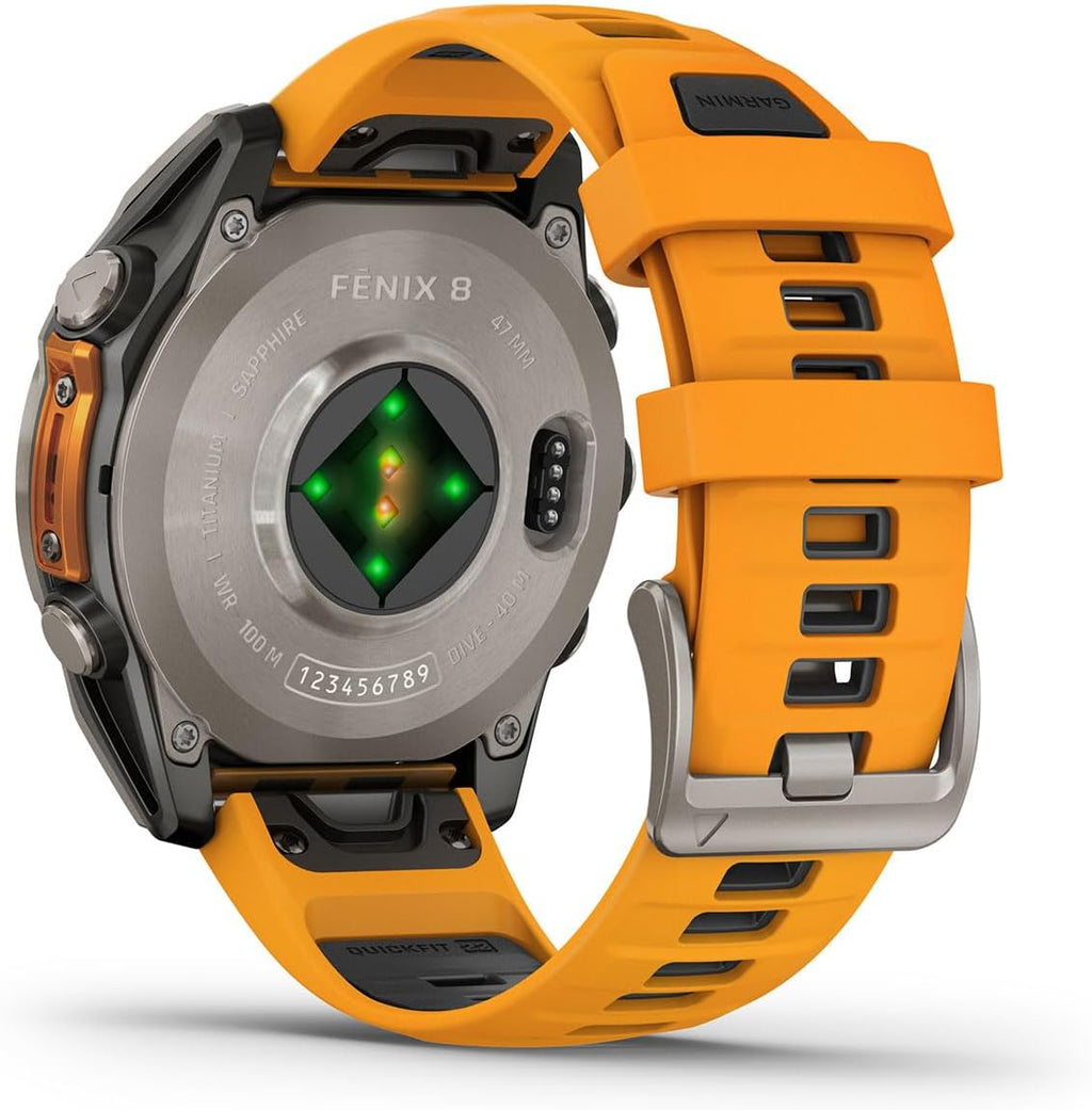 PlayBetter Garmin Fenix 8 AMOLED Sapphire (47mm, Titanium/Spark Orange) Multisport GPS Smartwatch Bundle - 1.4' Touchscreen, Built-in LED Flashlight Wireless Running Earbuds