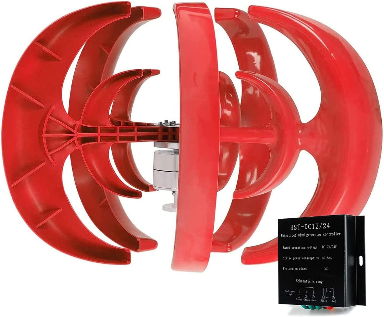 3 Phase Wind Turbine Generator with Controller Kit, 3000W 12V 24V 48V Vertical Small Lantern Wind Turbine Low Noise Cabins Or Home-5 Blade (Red)