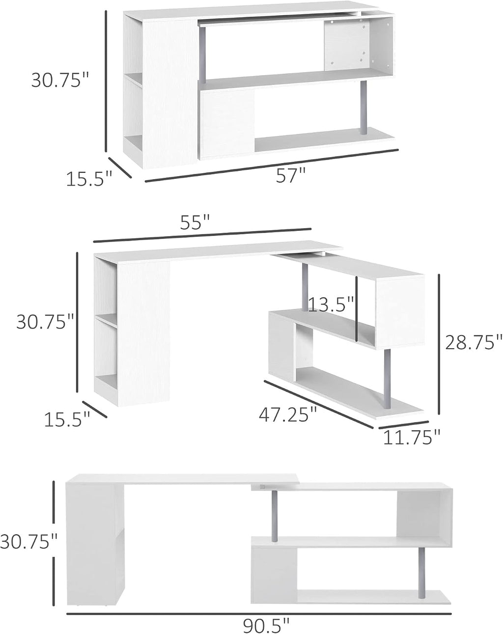 HOMCOM 55' 360° Rotating Corner Computer Desk Modern L-Shaped Home Office Workstation with 3-Tier Storage Shelves, Bookshelf, White