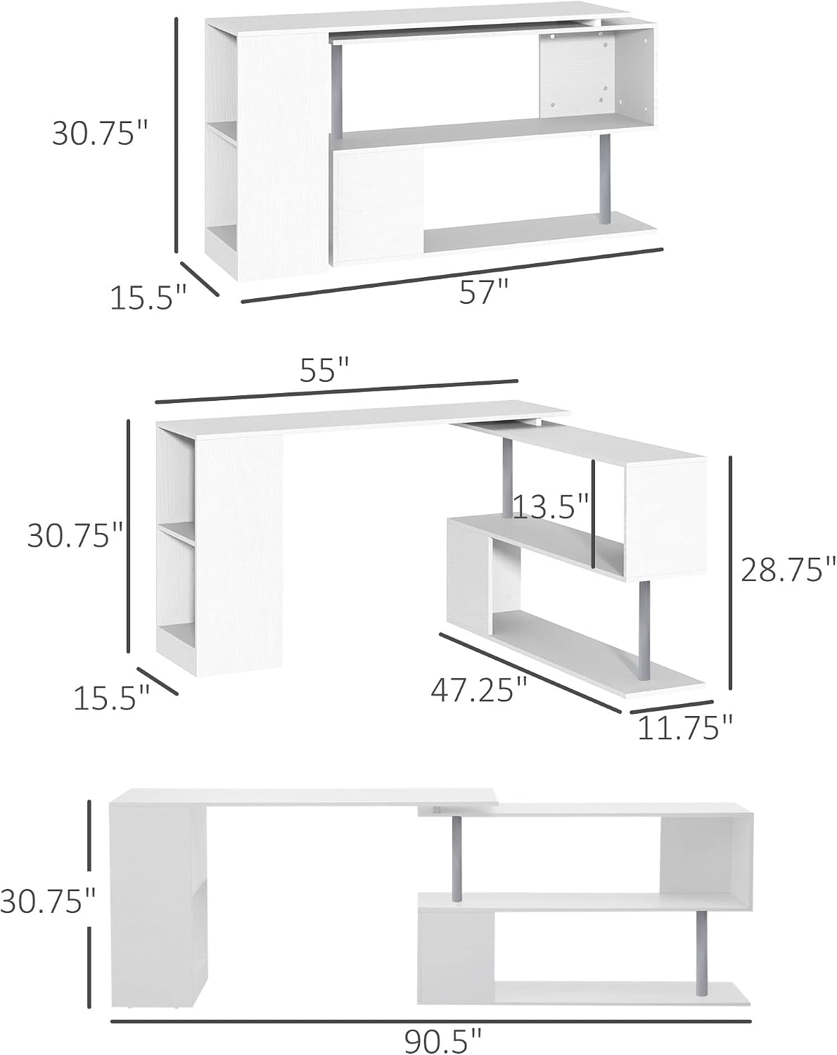 HOMCOM 55' 360° Rotating Corner Computer Desk Modern L-Shaped Home Office Workstation with 3-Tier Storage Shelves, Bookshelf, White
