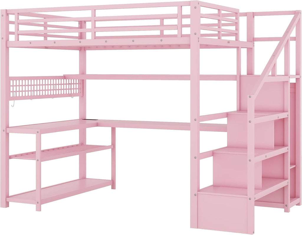Full size Loft Bed with LED Light and Stairs, Metal Loft Bed Frame with Desk, Storage Drawers & Shelves, Hanging Rod, Gaming Lofts Beds with Charging Station for Adults Teens Kids Gamer, Pink