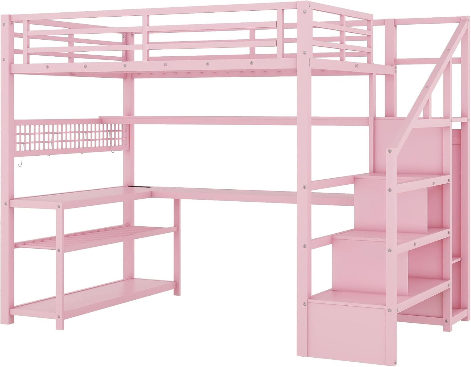 Full size Loft Bed with LED Light and Stairs, Metal Loft Bed Frame with Desk, Storage Drawers & Shelves, Hanging Rod, Gaming Lofts Beds with Charging Station for Adults Teens Kids Gamer, Pink