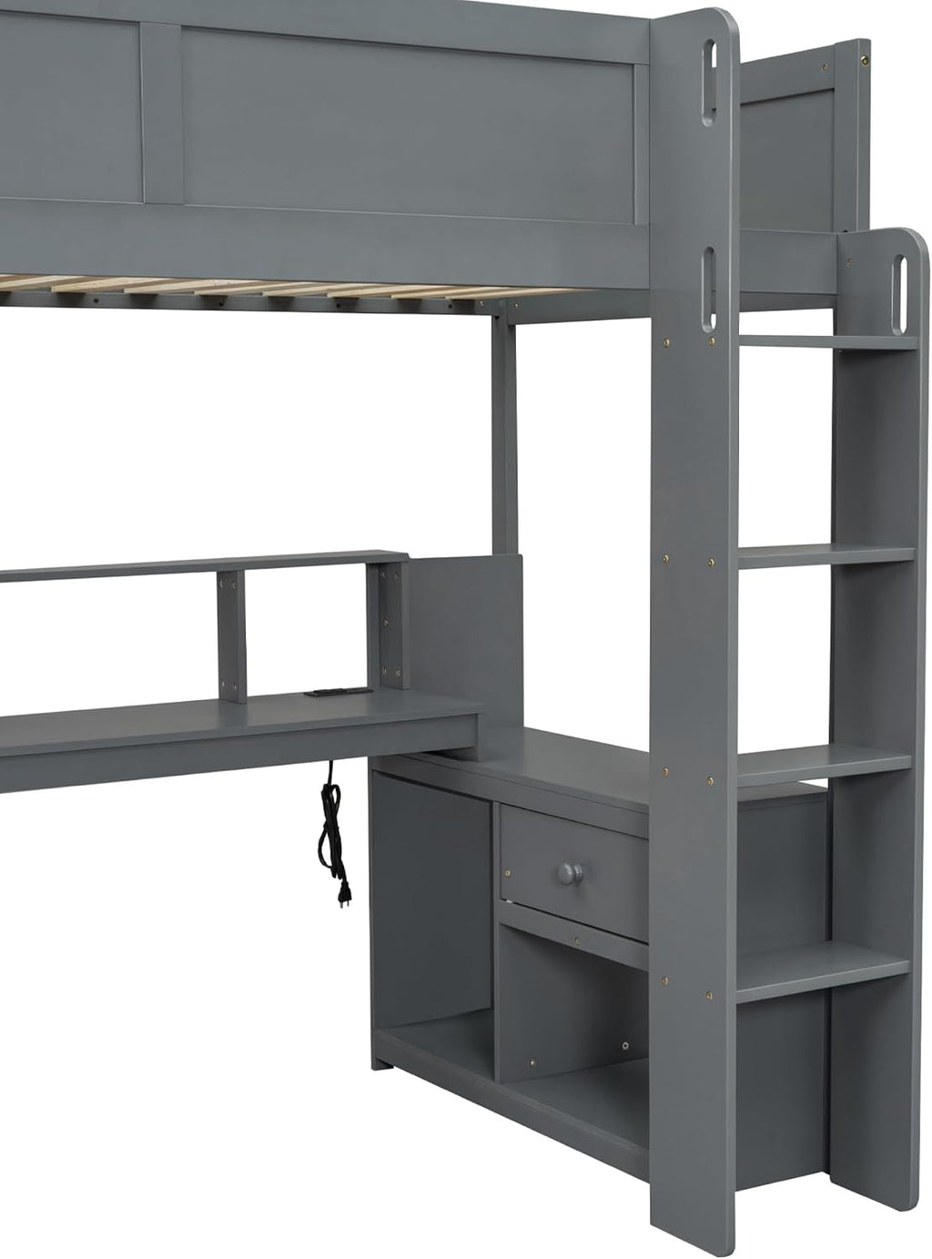Twin Size Gaming Loft Bed with Desk & Storage Drawers & Shelves & Charging Station & LED,Wood Loft Bed Frame with Cabinets,Bookshelf,Safety Guardrail and Ladder for Gamers Kids Teens Aldults,Dark Gray
