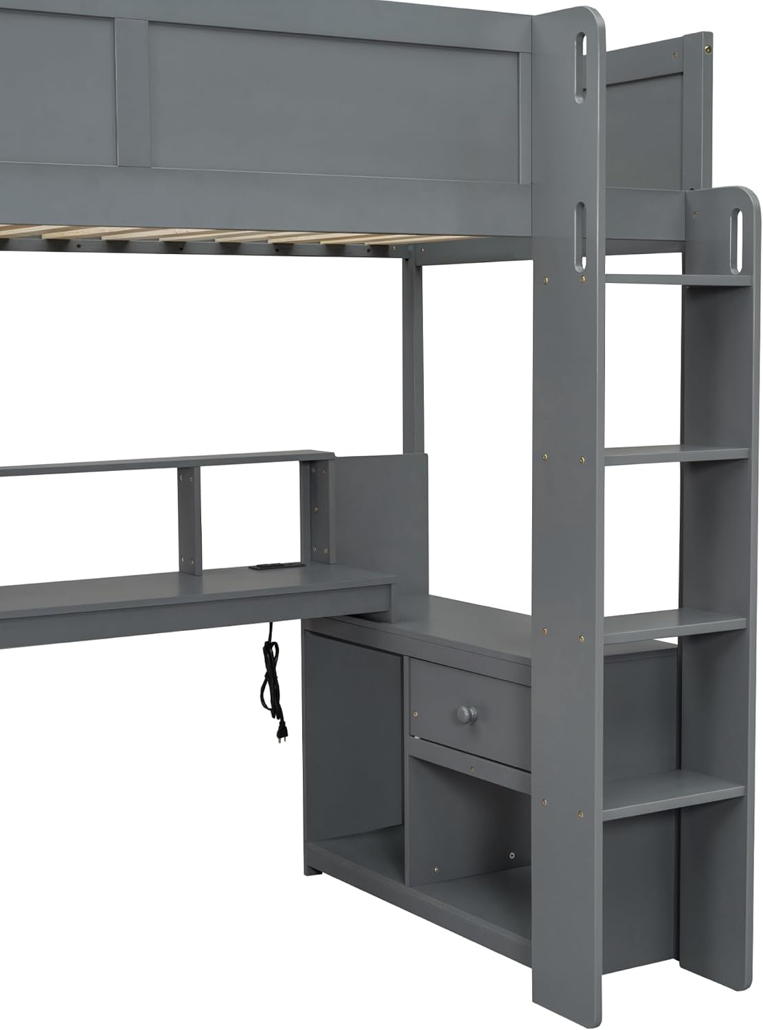 Twin Size Gaming Loft Bed with Desk & Storage Drawers & Shelves & Charging Station & LED,Wood Loft Bed Frame with Cabinets,Bookshelf,Safety Guardrail and Ladder for Gamers Kids Teens Aldults,Dark Gray