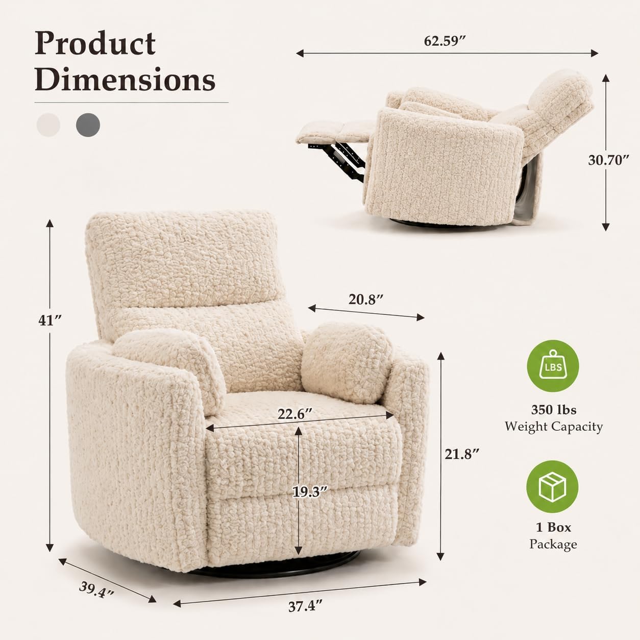 Nursery Rocking Chair, Boucle Upholstery Recliner with 2 Pillow, Swivel Glider Reclinerr, Power Reclining Sofa Chair for Living Room/Office/Apartment/Off-White