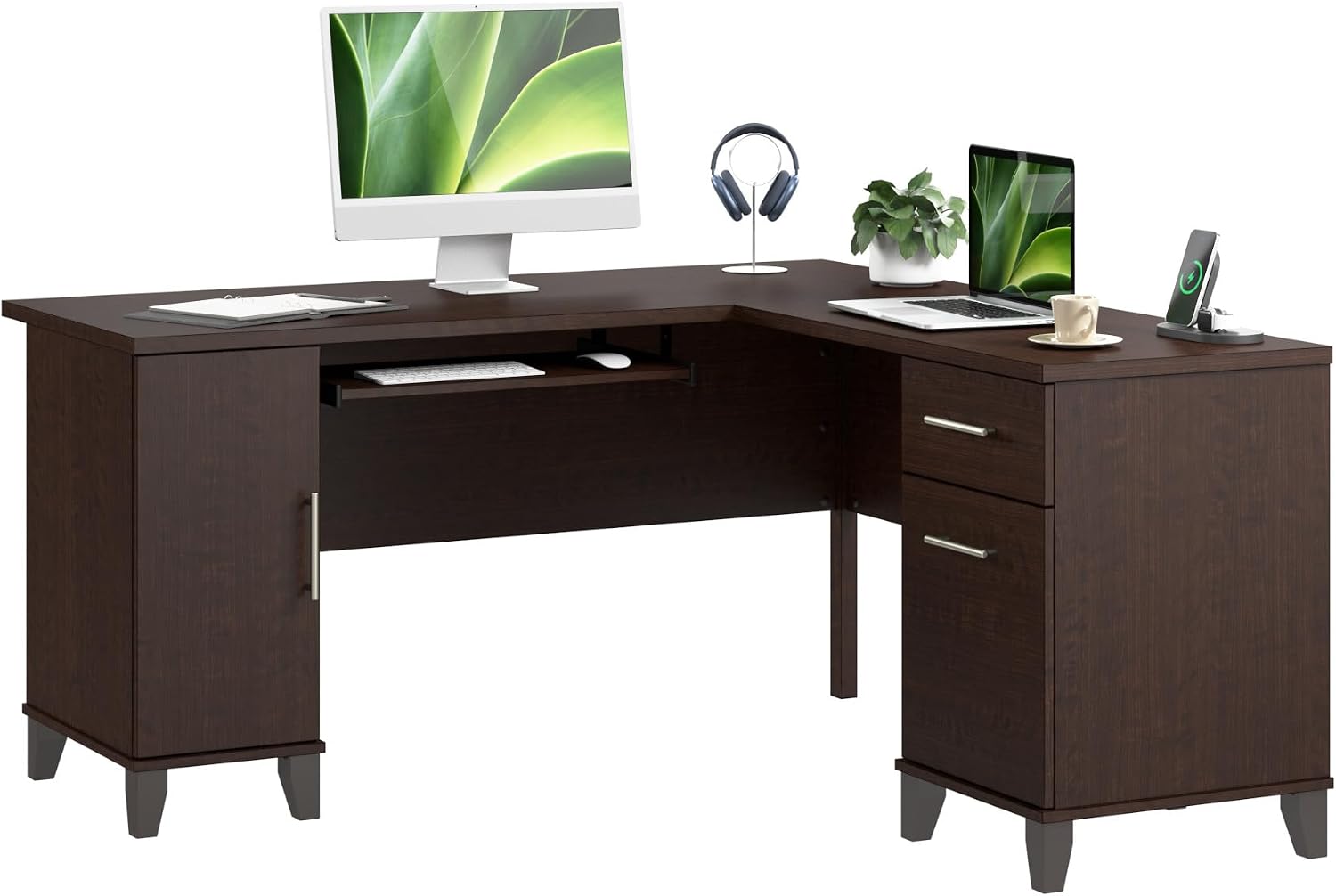 Bush Home 60-Inch L-Shaped Desk with Storage, Corner Computer Office Desk with Drawers and Storage Cabinet, Home Office Furniture, Somerset Collection, Mocha Cherry