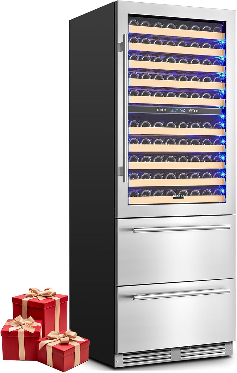 BODEGACOOLER Wine and Beverage Refrigerator, 30 Inch 2 IN 1 Dual Zone Wine Cooler,Built-in or Freestanding Beverage Cooler, Soft LED Light Hold 150 Bottles and 234 Cans