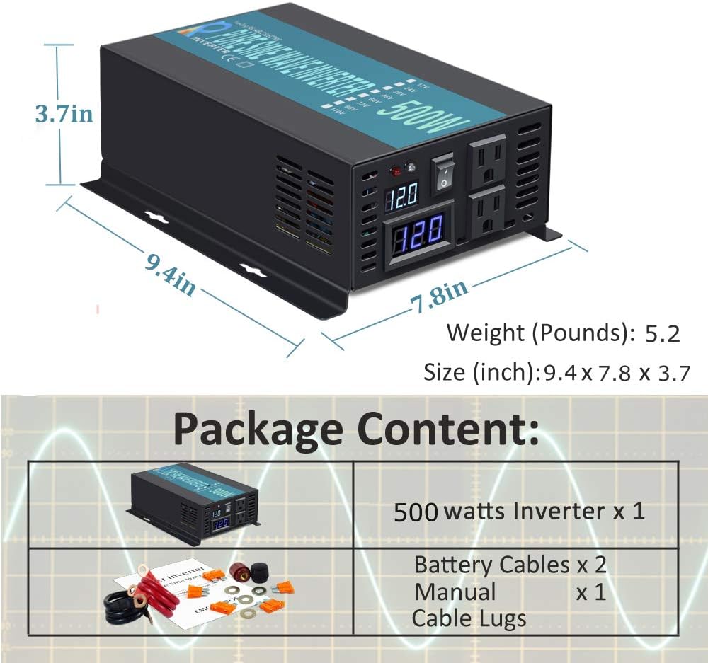 WZRELB RBP-500S-LED 500w Pure Sine Wave Solar Power Inverter 12v 120v 60hz(Black)